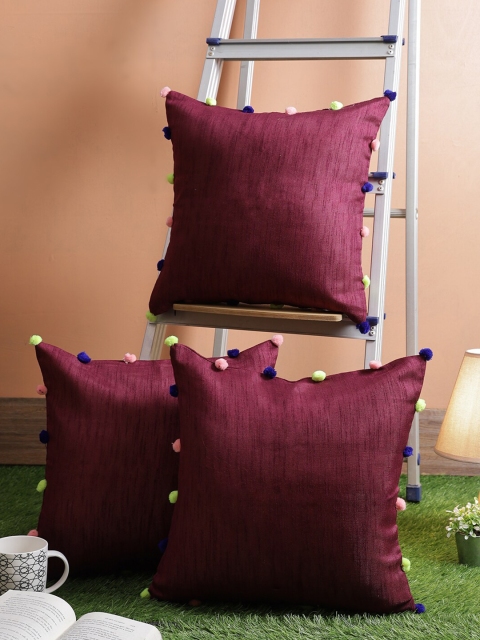 

RANGDESI Set of 3 Burgundy & Blue Solid Square Cushion Covers