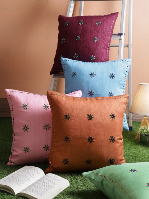 

RANGDESI Blue & Pink Set of 5 Embroidered Square Cushion Covers