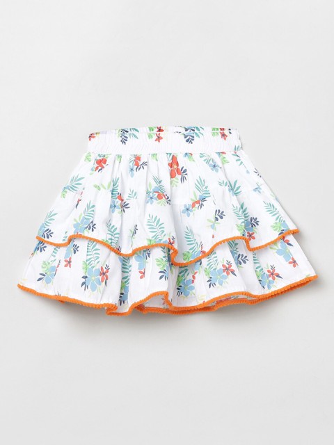 

max Girls White & Green Floral Printed Pure Cotton Tiered Knee-Length Skirt