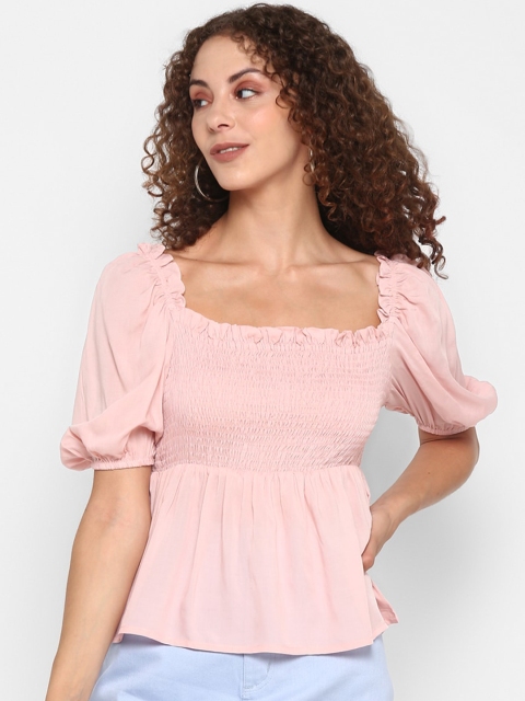 

FOSH Pink Puff Sleeve Smocked Cinched Waist Top