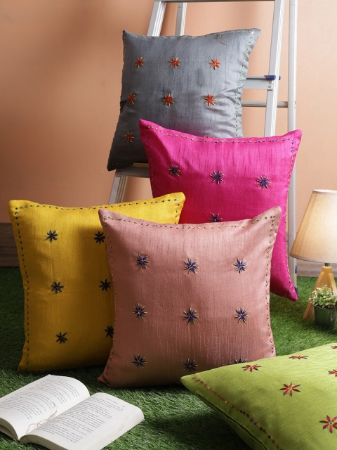 

RANGDESI Set of 5 Multicoloured Embroidered Square Cushion Covers, Multi