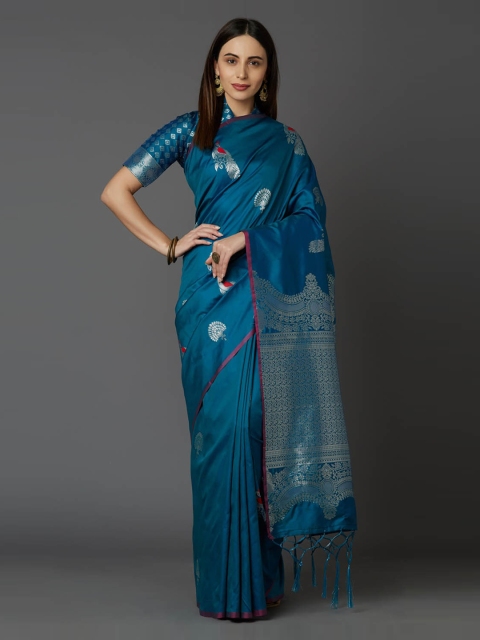 

Mitera Teal Blue Woven Design Silk Blend Banarasi Saree