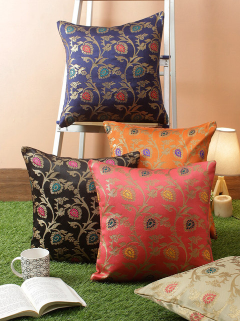 

RANGDESI Black & Blue Set of 5 Floral Square Cushion Covers