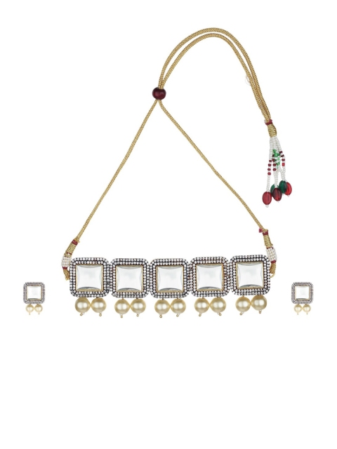 Runjhun Gold-Plated White AD-Studded & Beaded Handcrafted Jewellery Set