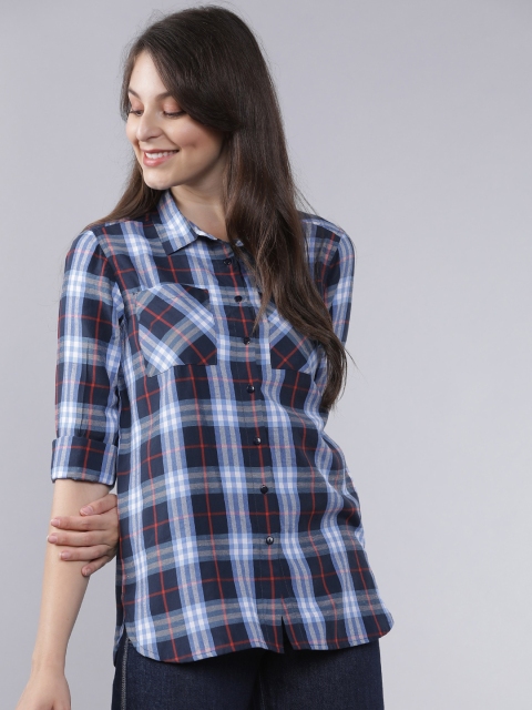 

Tokyo Talkies Women Navy Blue & White Tartan Checks Checked Casual Shirt