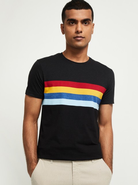 

max Men Black Striped Slim Fit T-shirt