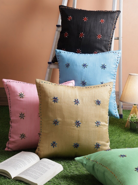 

RANGDESI Black & Blue Set of 5 Embroidered Square Cushion Covers