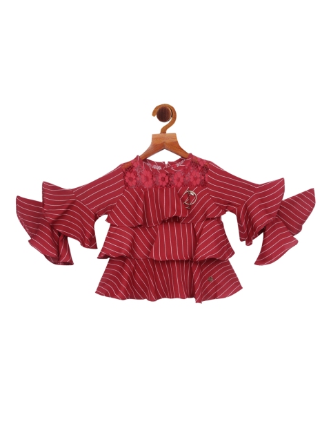 

Tiny Girl Maroon Striped Bell Sleeve Tiered Top
