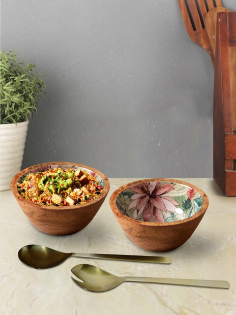 

Nestroots Pack of 4 Green & Brown Wooden Bowls With Enamel Printed & Serving Spoons