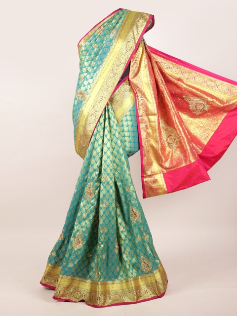 

Pothys Blue Ethnic Motifs Sequinned Pure Silk Kanjeevaram Saree