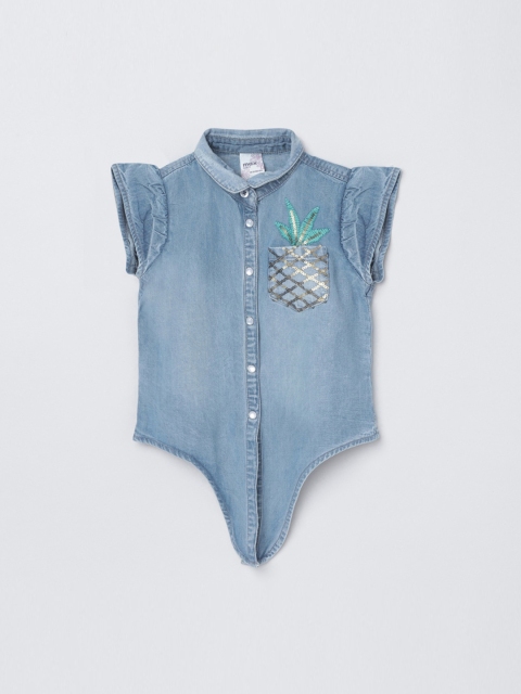 

max Girls Blue Extended Sleeves Denim Shirt Style Top