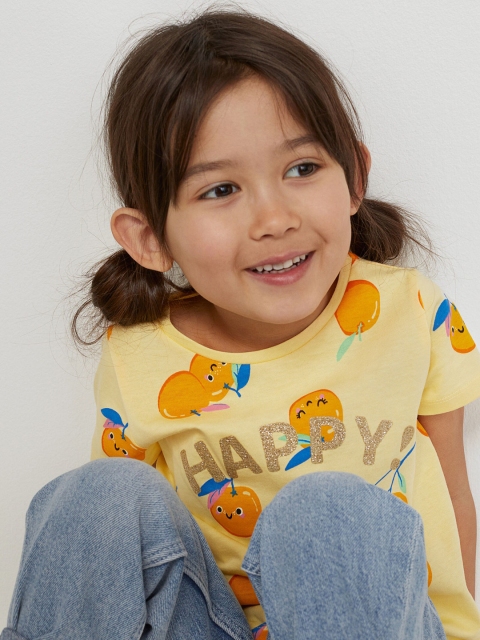 

H&M Girls Yellow Pure Cotton Printed Interactive-Motif Top