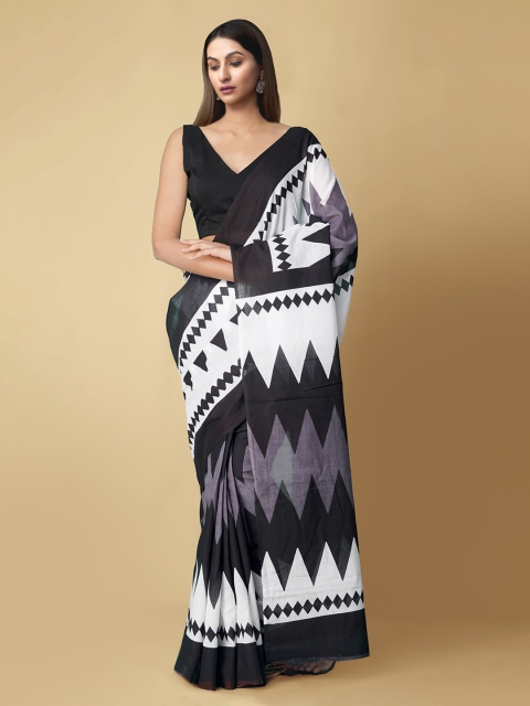 

Unnati Silks White & Black Pure Cotton Pochampally Saree