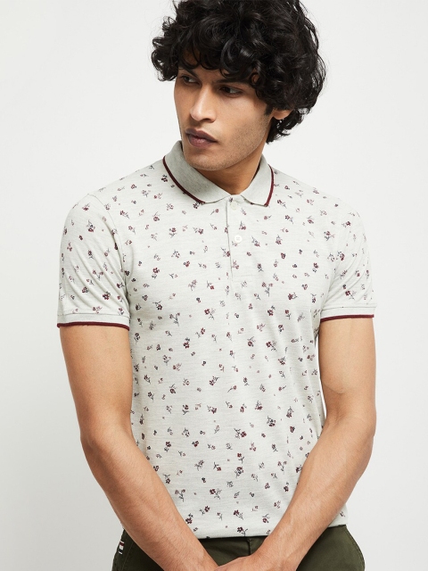

max Men Grey Floral Printed Polo Collar Slim Fit T-shirt