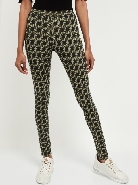 

max Women Black & Beige Printed Ankle-Length Leggings