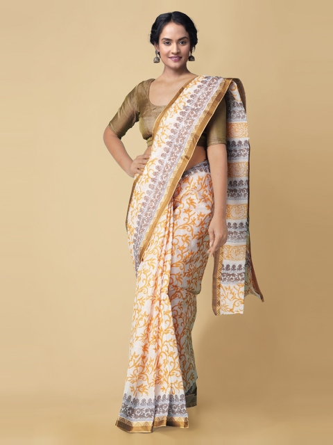 

Unnati Silks Cream Dabu Zari Pure Cotton Dabu Sustainable Saree