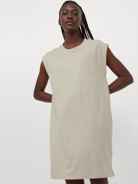 

H&M Beige Solid Sleeveless Cotton Jersey Dress