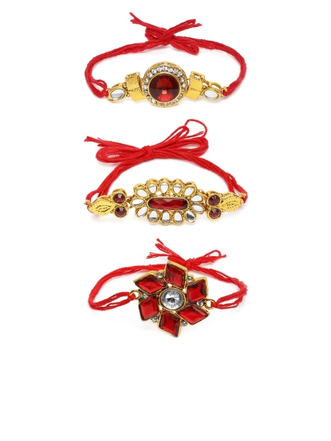 

Zaveri Pearls Set Of 3 Gold-Toned Red & White Stone-Studded Thread Rakhi