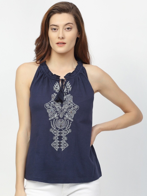

Rigo Navy Blue Embroidered Tie-Up Neck Regular Top