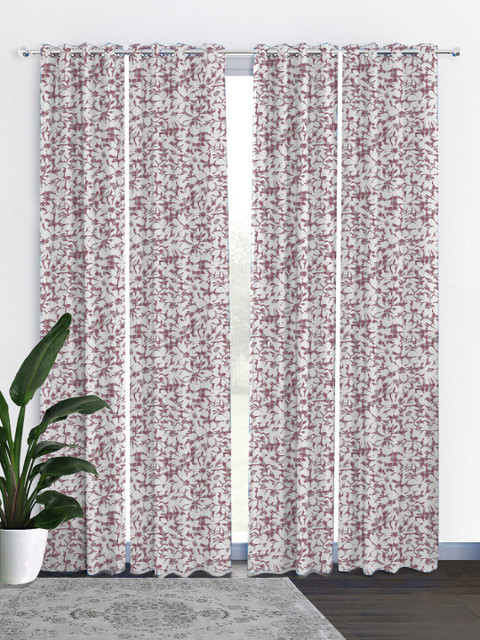 

HOUZZCODE White & Burgundy Set of 4 Curtains