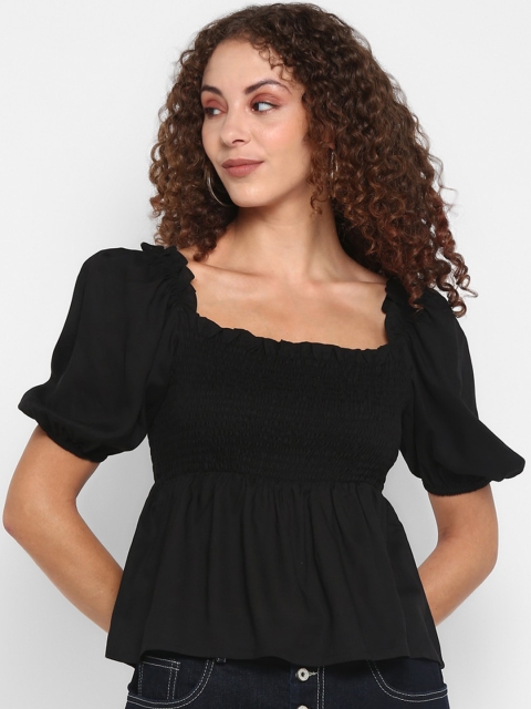 

FOSH Black Puff Sleeve Peplum Top