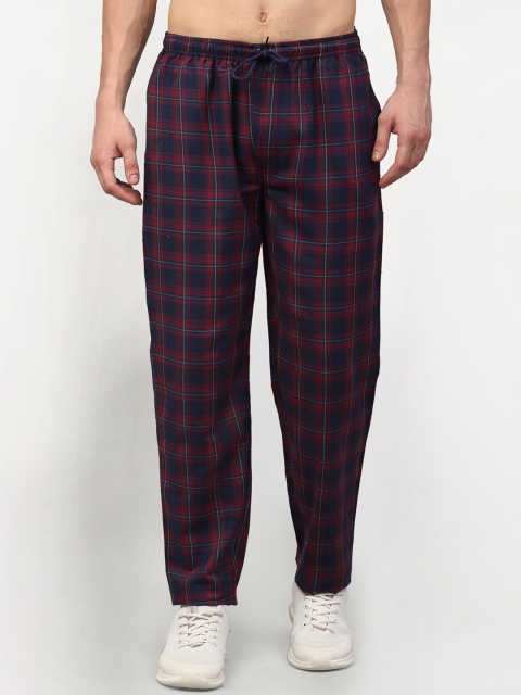 

JAINISH Men Blue & Red Checked Cotton Track Pants