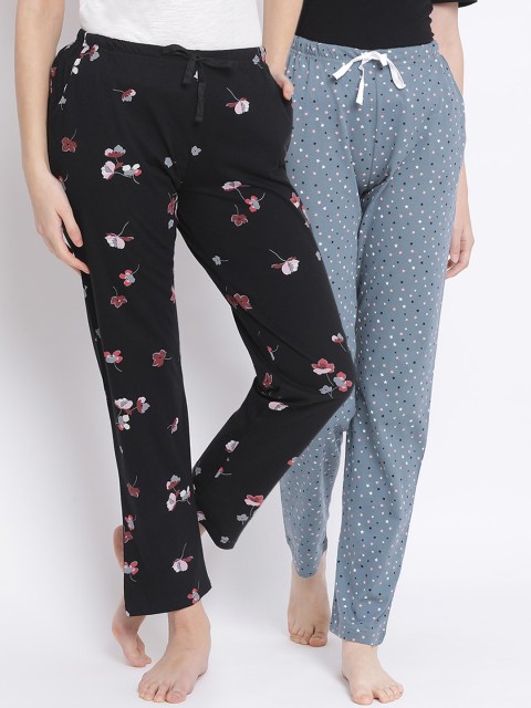 

Kanvin Women Pack Of 2 Printed Pure Cotton Lounge Pants, Black