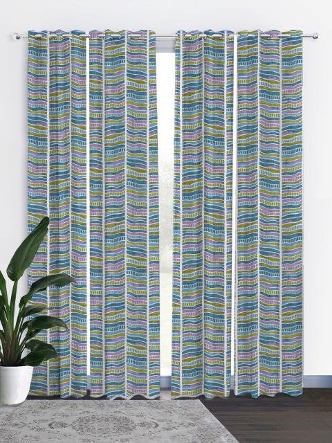 

HOUZZCODE White & Blue Set of 4 Geometric Black Out Door Curtain