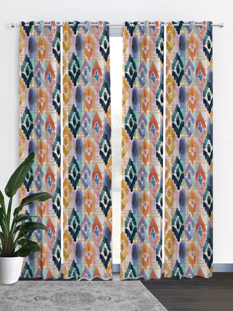 

HOUZZCODE Blue & Orange Set of 4 Geometric Black Out Long Door Curtain