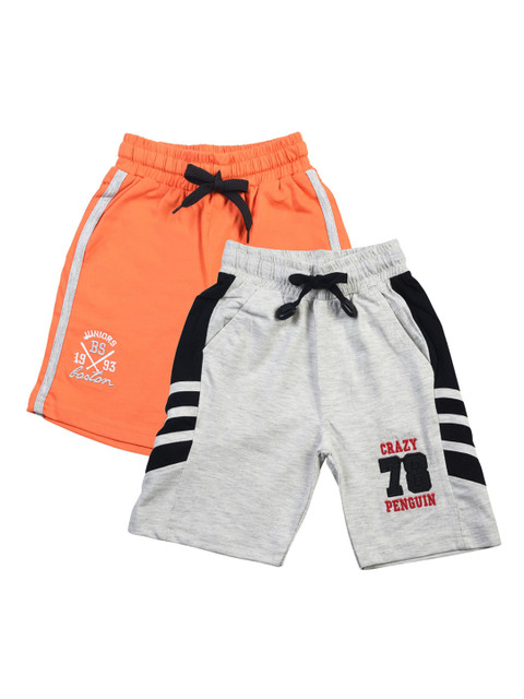 

CRAZYPENGUIN Kids Pack Of 2 Printed Mid-Rise Cotton Regular Shorts, Grey melange