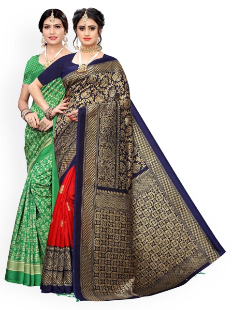 

KALINI Pack Of 2 Green & Navy Blue Ethnic Motifs Zari Art Silk Sarees