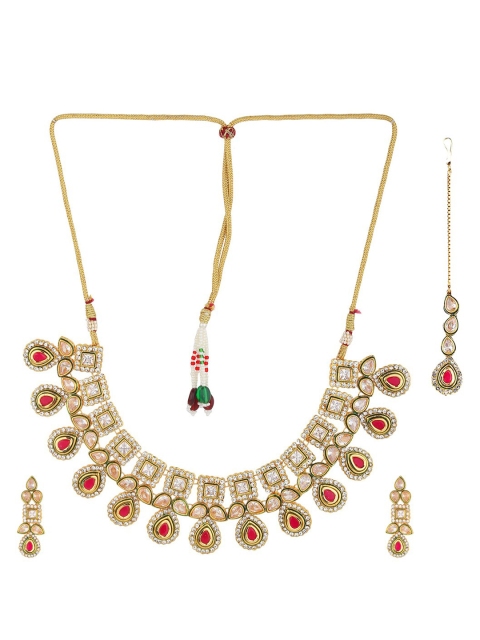 

Runjhun Gold-Plated White & Red Enamelled Kundan-Studded Jewellery Set
