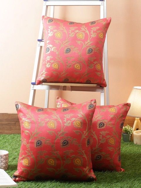 

RANGDESI Coral Pink & Gold-Toned Set of 3 Floral Square Cushion Covers
