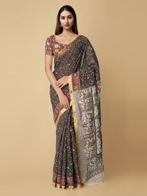 

Unnati Silks Black & Cream-Coloured Floral Pure Cotton Handloom Kanjeevaram Saree