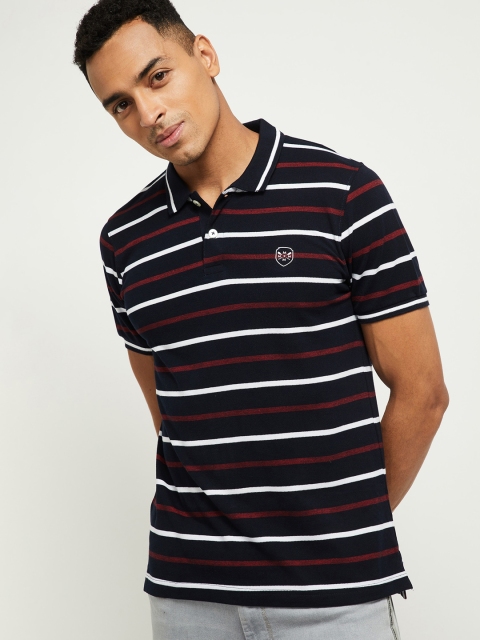 

max Men Blue Striped Polo Collar Slim Fit T-shirt