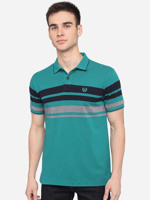 

Greenfibre Men Green & Black Striped Polo Collar Slim Fit Cotton T-shirt