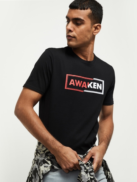 

max Men Black Typography Round Neck Slim Fit Cotton T-shirt