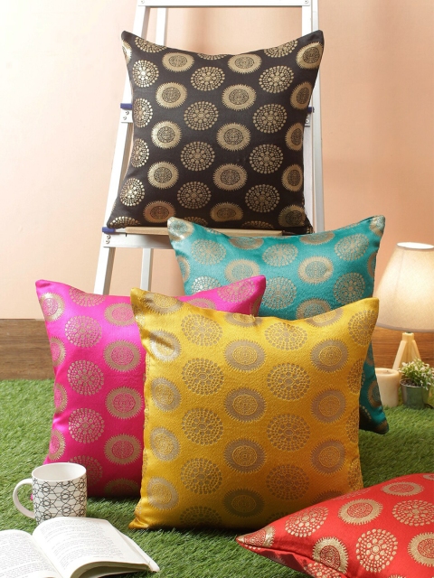 

RANGDESI Set of 5 Multicoloured Ethnic Motifs Square Cushion Covers, Multi