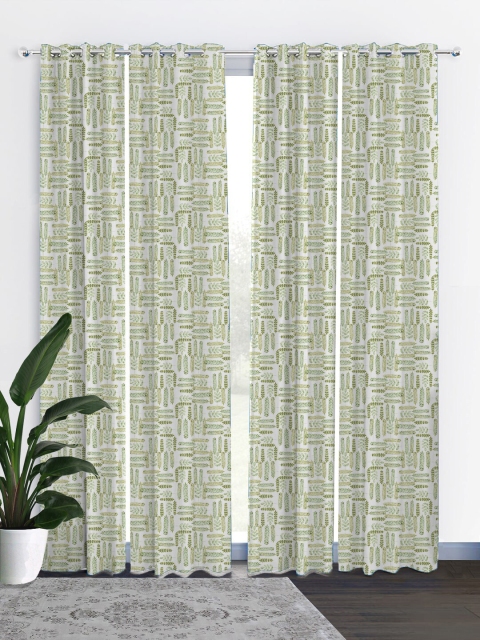 

HOUZZCODE Cream-Coloured & Green Set of 4 Curtains