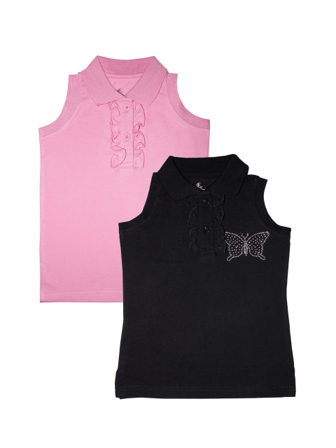 

KiddoPanti Girls Pack Of 2 Pink & Black Polo Collar T-shirt