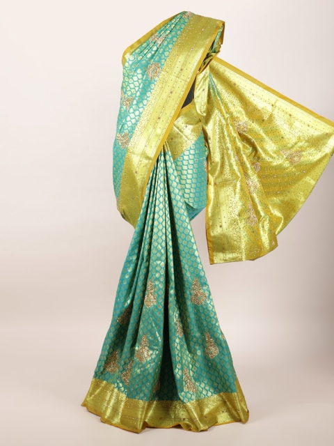 

Pothys Blue & Gold-Toned Woven Design Zari Pure Silk Kanjeevaram Saree