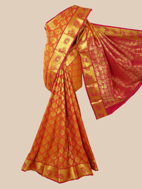 

Pothys Orange & Gold-Toned Ethnic Motifs Zari Silk Blend Heavy Work Saree