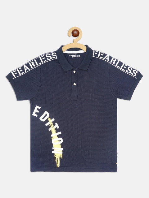 

Lil Tomatoes Boys vy Blue Typography Printed Polo Collar Applique T-shirt, Navy blue
