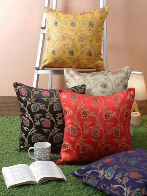 

RANGDESI Red & Black Set of 5 Floral Square Cushion Covers