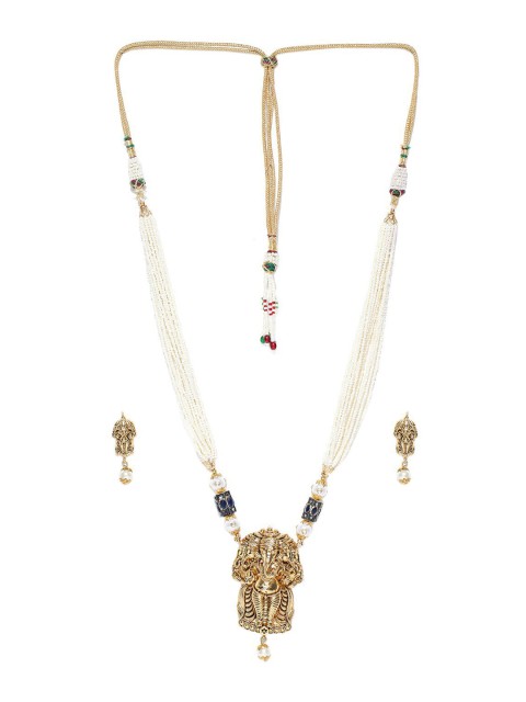 

PANASH Gold-Plated Off White & Navy Blue Pearl Beaded Handcrafted Lord Ganesha-Textured Statement Jewellery Set