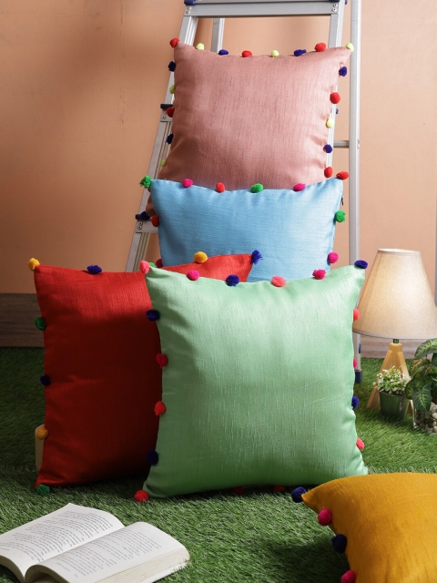 

RANGDESI Peach-Coloured & Blue Set of 5 Solid Square Cushion Covers