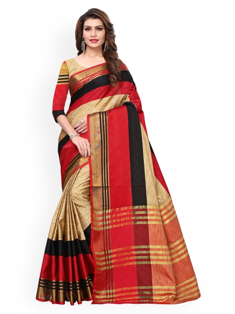 

GoSriKi Beige & Red Colourblocked Zari Art Silk Saree