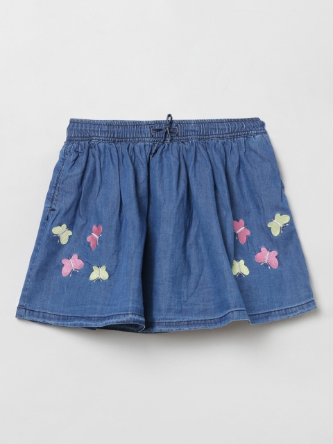 

max Girls Blue & Pink Embroidered Flared Knee-Length Denim Skirt
