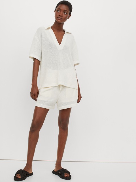 

H&M Women Off White Solid Slub-Knit Top
