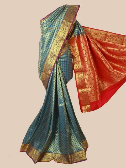 

Pothys Blue & Red Ethnic Motifs Zari Silk Blend Saree
